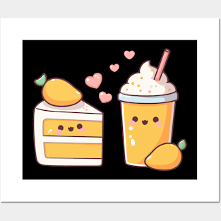 Kawaii Style Mango Milkshake and Mango Cake in Love | Cute Design for Couples Posters and Art